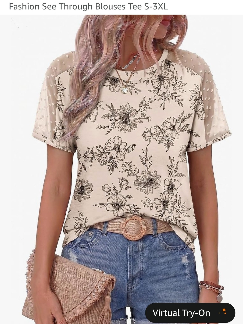Floral See-Through Dot Sleeve Tee - Beige